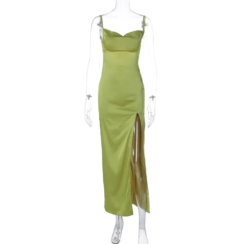 Bridesmaid Satin Dress for Weddings with Cowl Neck & Slit