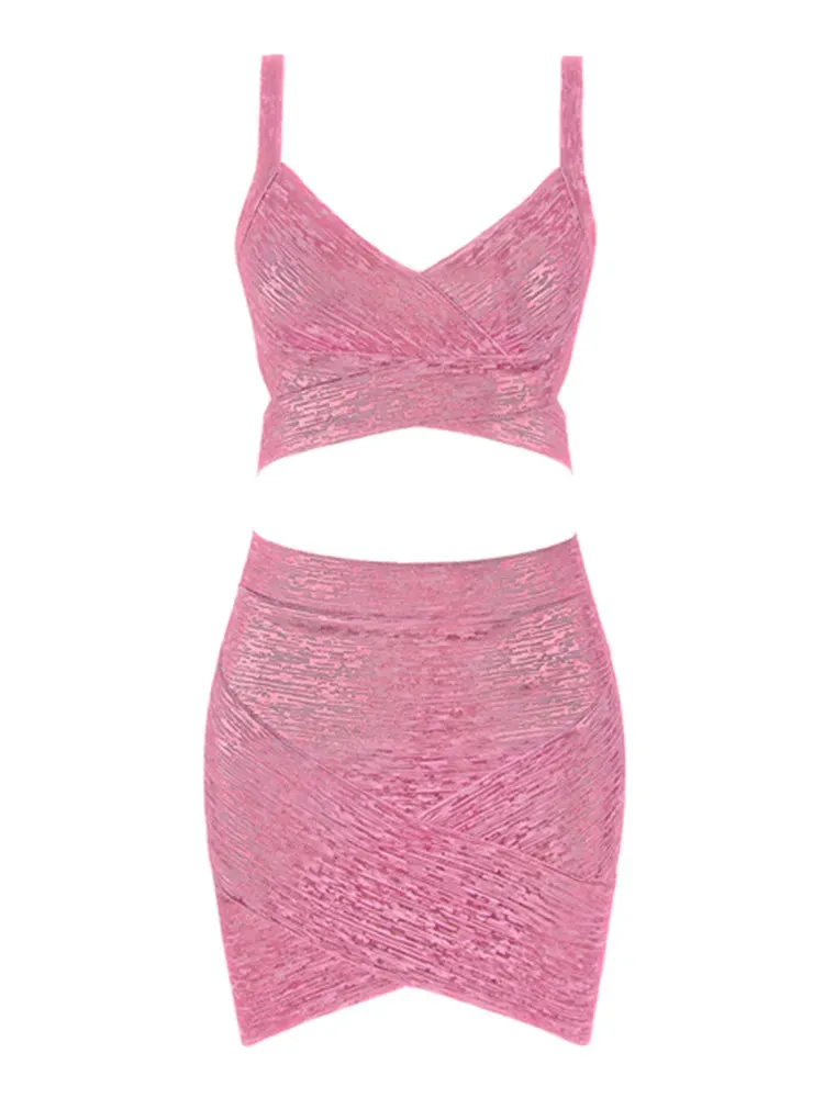 Bronze Rose Gold V Neck Two Piece Bodycon Dress