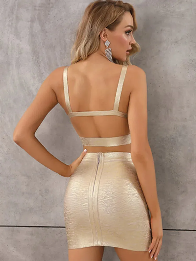 Bronze Rose Gold V Neck Two Piece Bodycon Dress