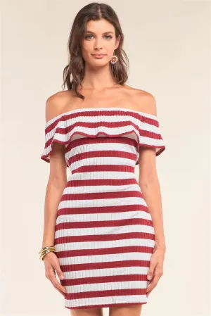 Burgundy White Striped Sleeveless Off-The-Shoulder Flare Hem Ribbed Bodycon Mini Dress