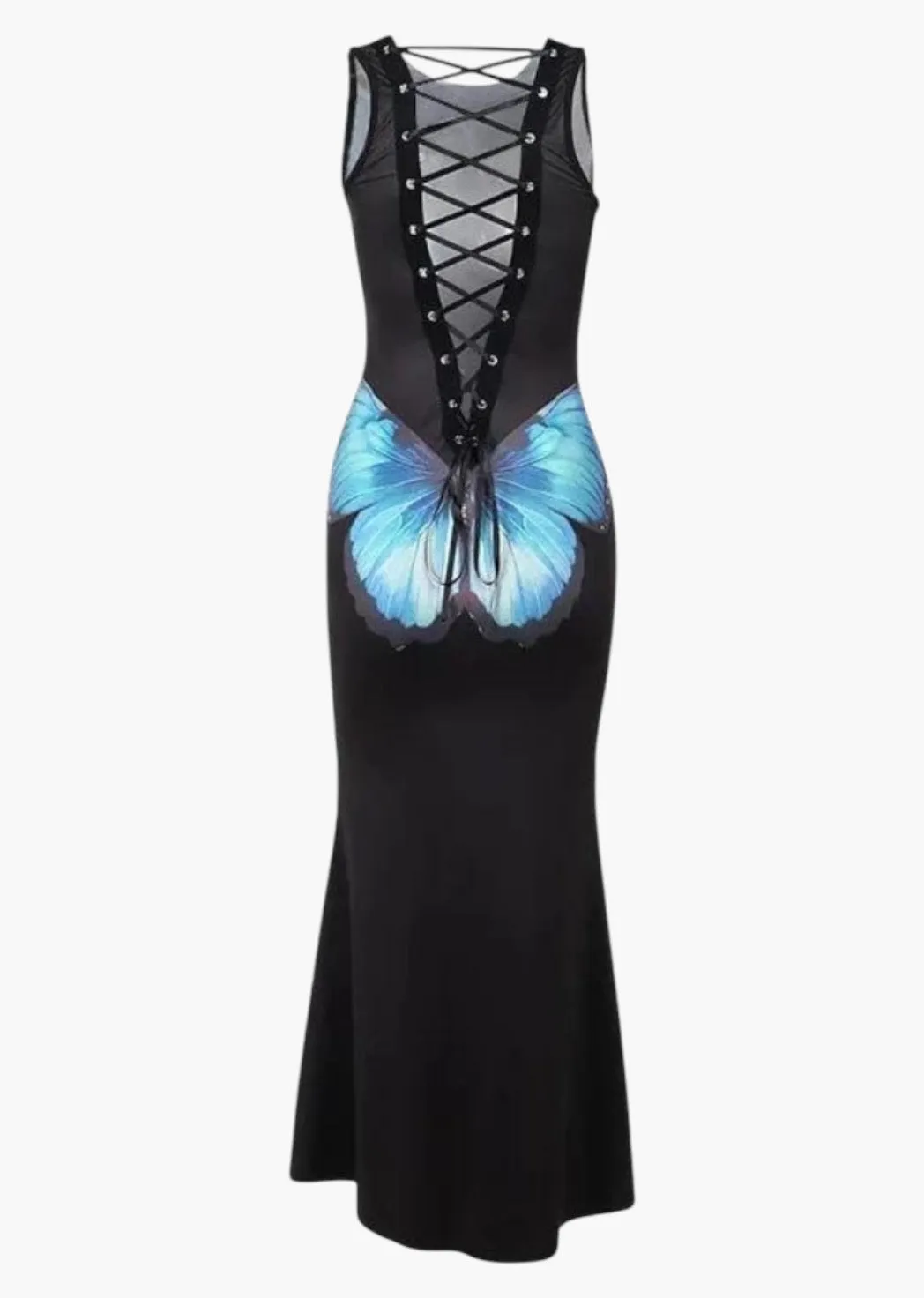 Butterfly Print Lace-Up Back Maxi Dress