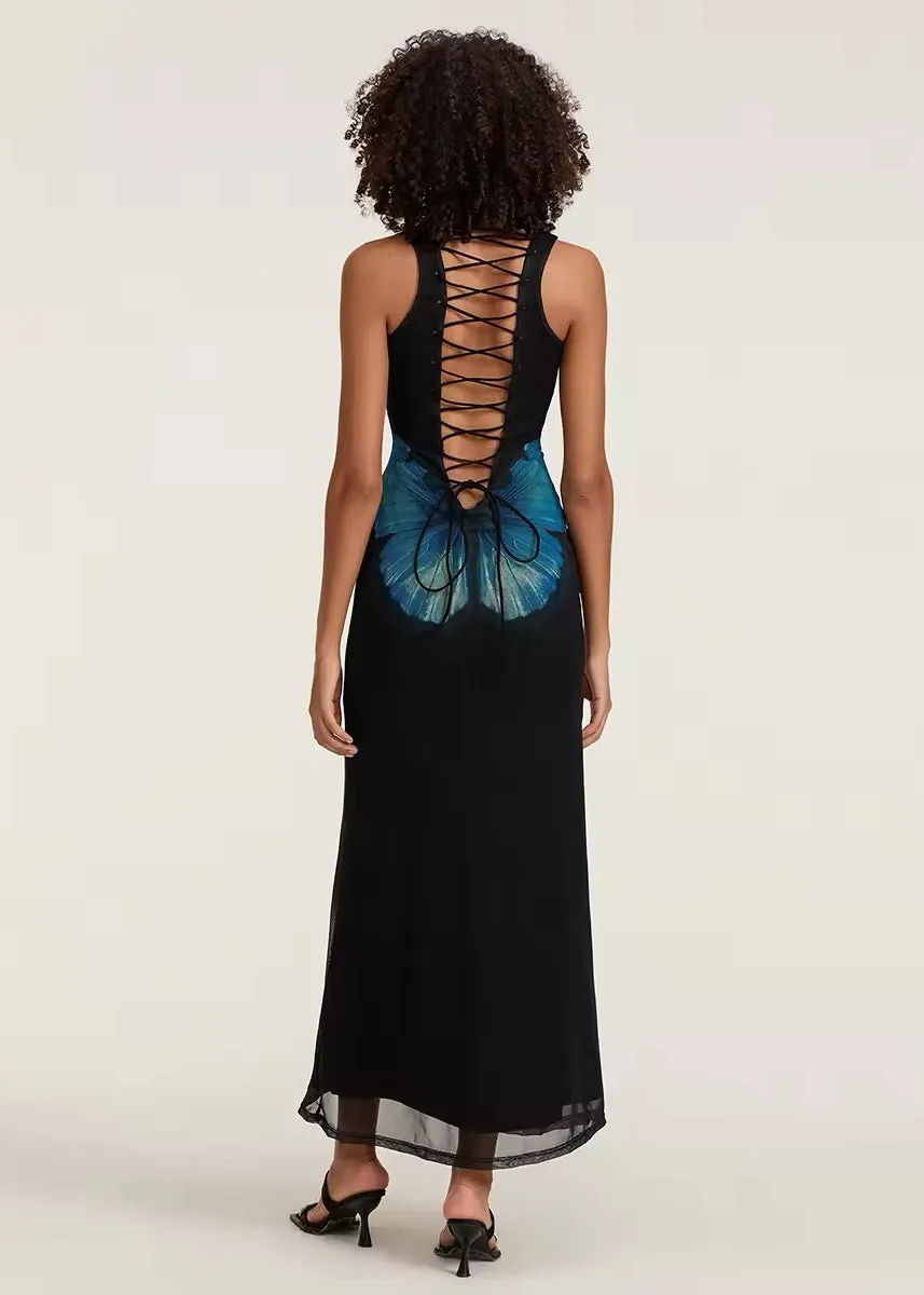 Butterfly Print Lace-Up Back Maxi Dress