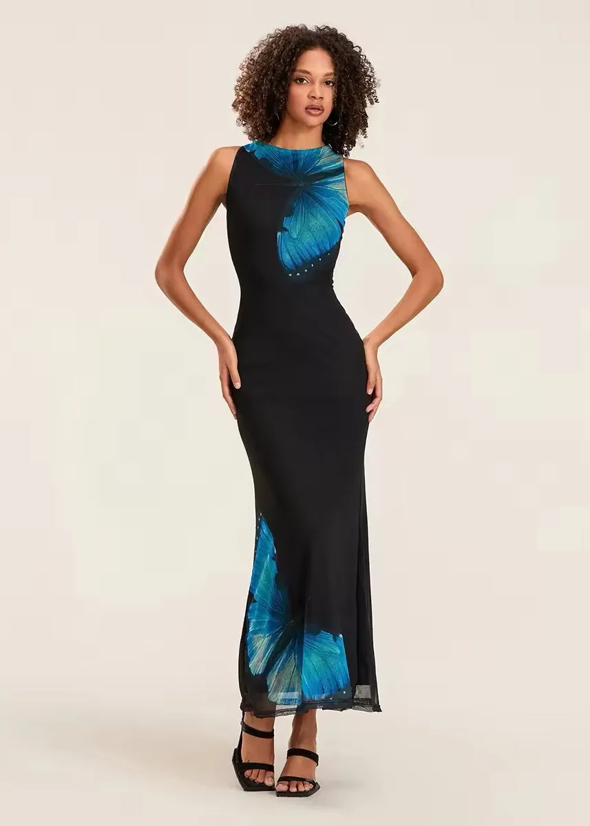 Butterfly Print Lace-Up Back Maxi Dress