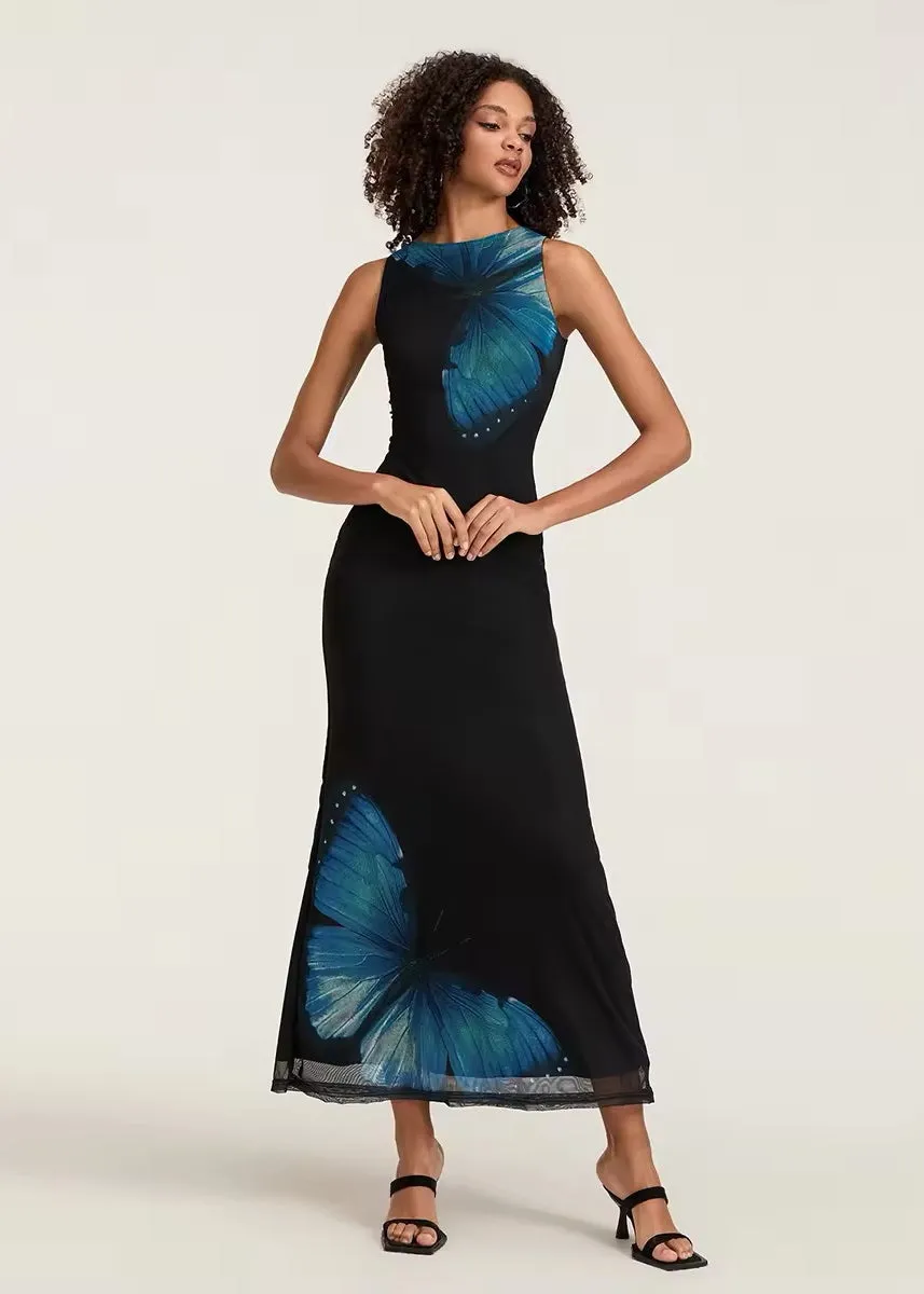 Butterfly Print Lace-Up Back Maxi Dress