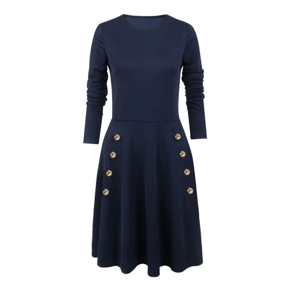 Button Decorate High Waist Long Sleeve Scoop Dress