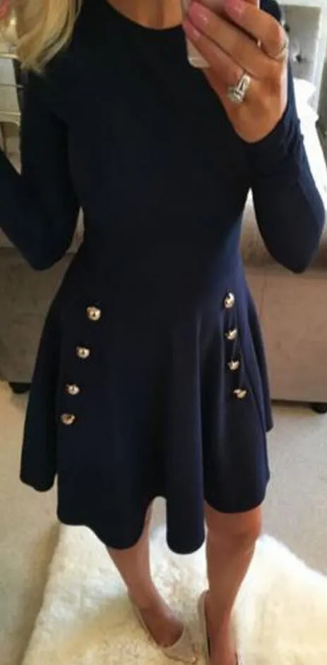 Button Decorate High Waist Long Sleeve Scoop Dress