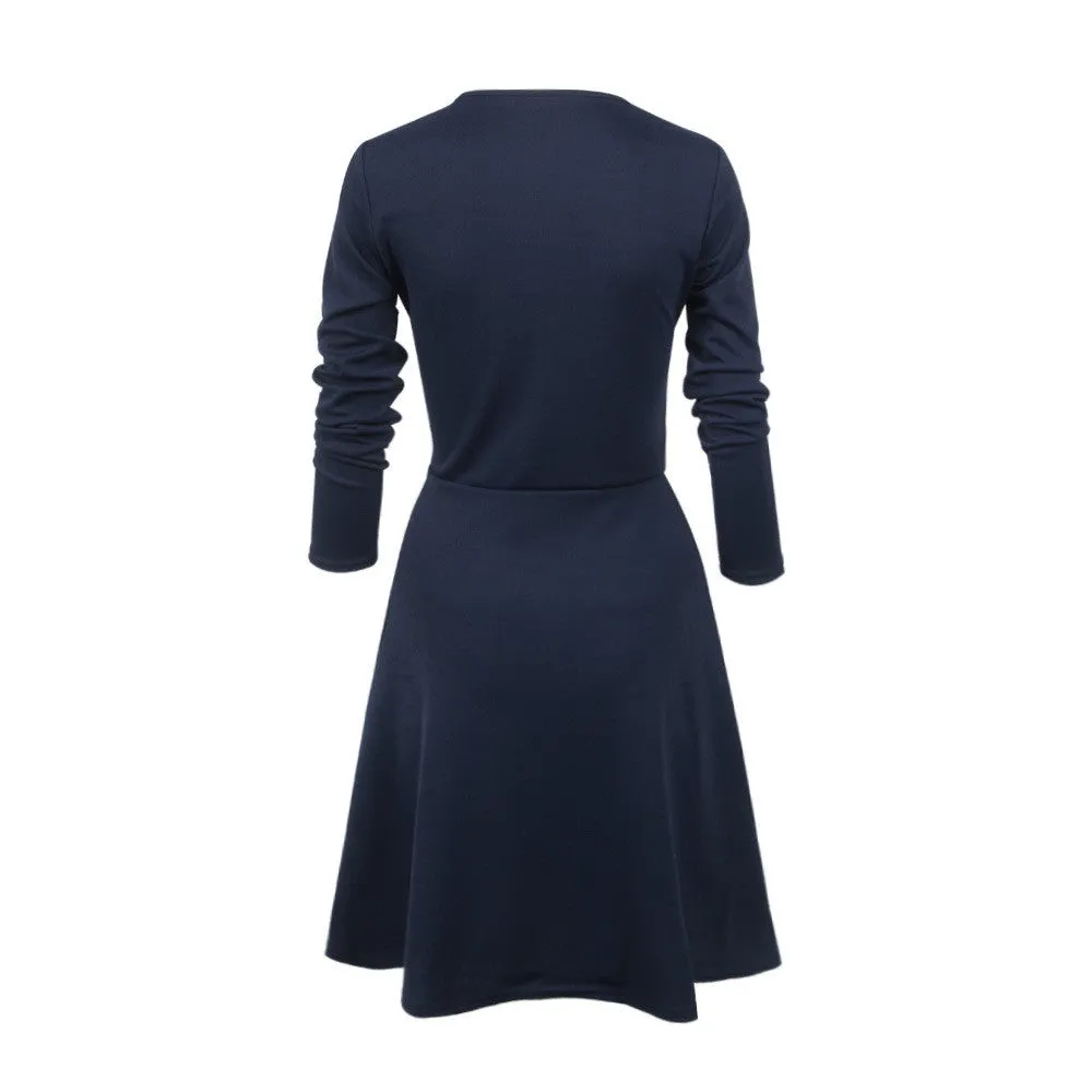 Button Decorate High Waist Long Sleeve Scoop Dress