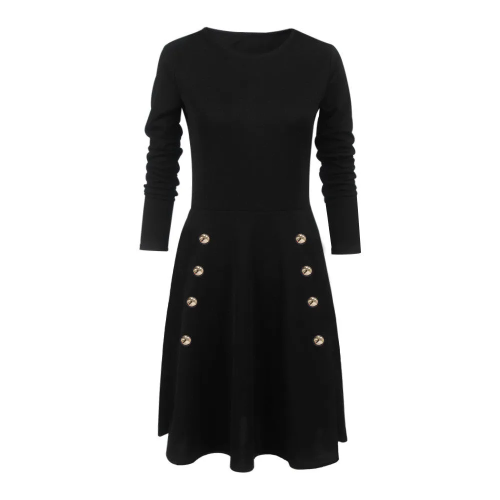 Button Decorate High Waist Long Sleeve Scoop Dress
