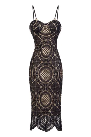 Casey Navy & Nude Bustier Crochet Bodycon Midi Dress