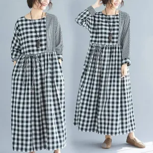 Casual Black and White Check Plaid Midi Dress