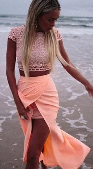Clearance Scoop Lace Crop Top Split Long Skirt Dress Suit