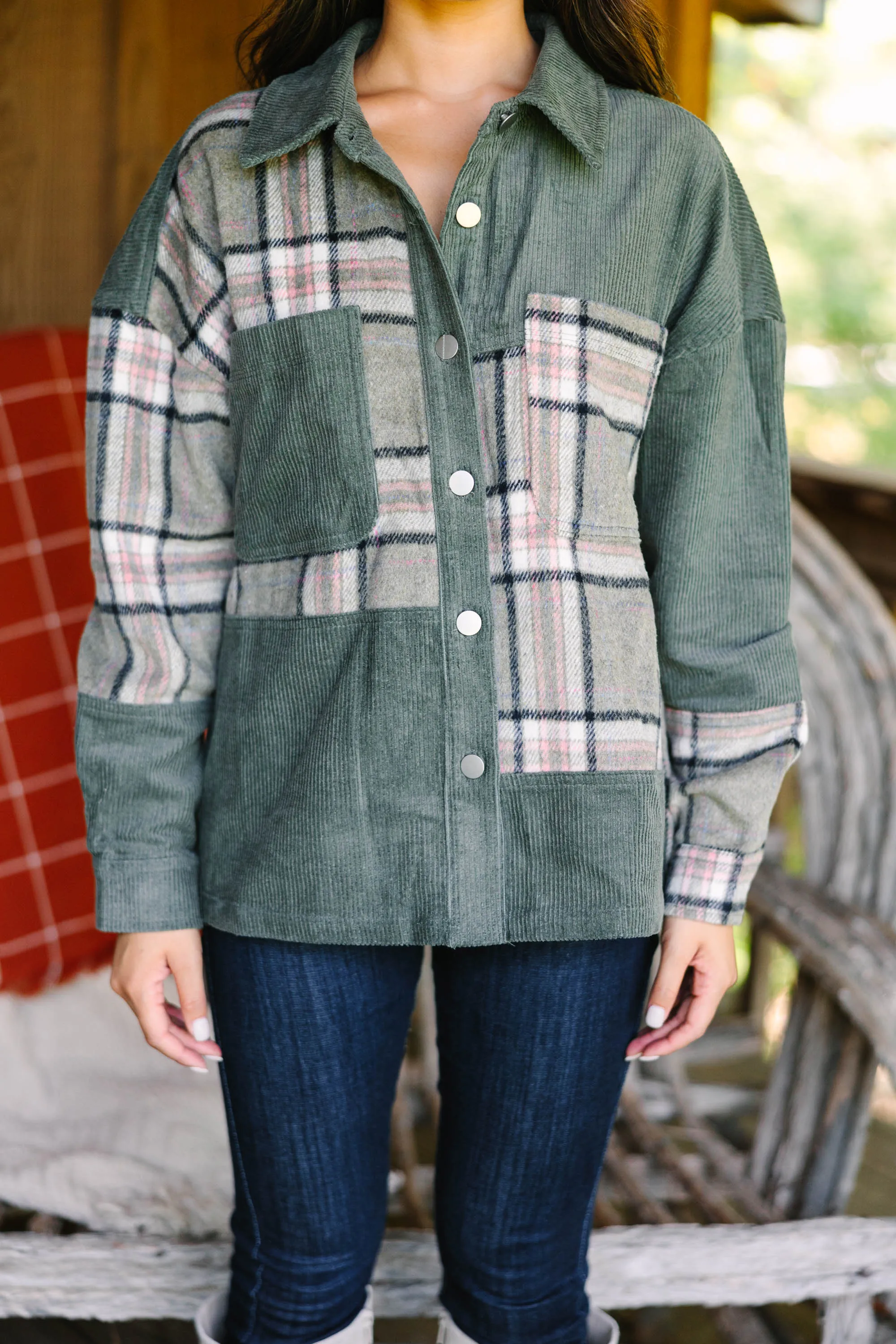 Count On You Olive Green Plaid Shacket
