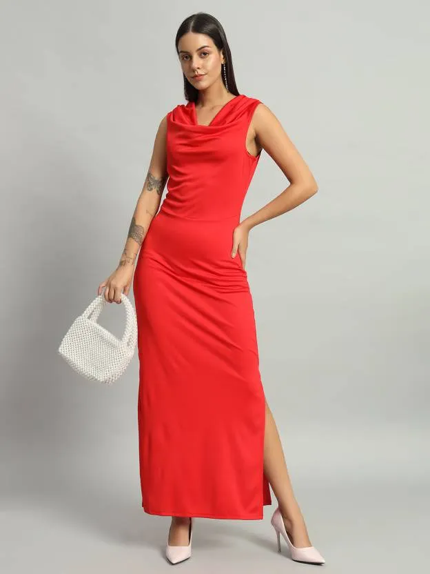 Cowl Neck Red Solid Bodycon Dress