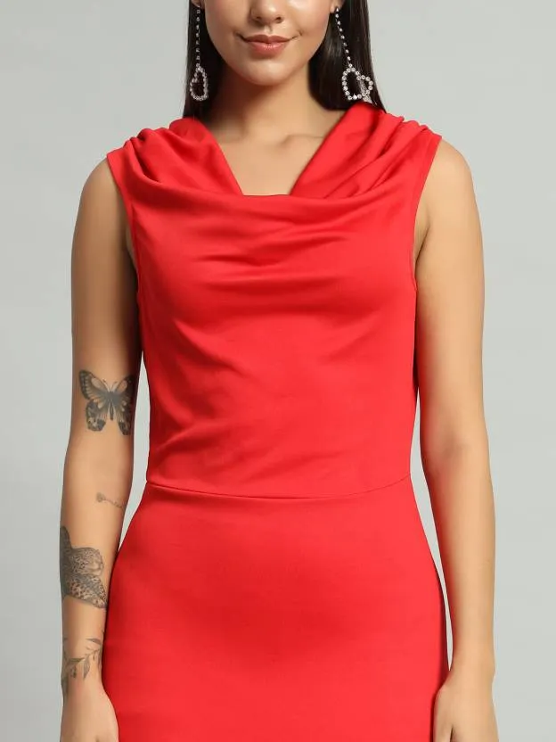Cowl Neck Red Solid Bodycon Dress