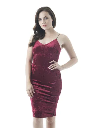 Crushed Velvet V Neckline Cami Midi Bodycon Dress