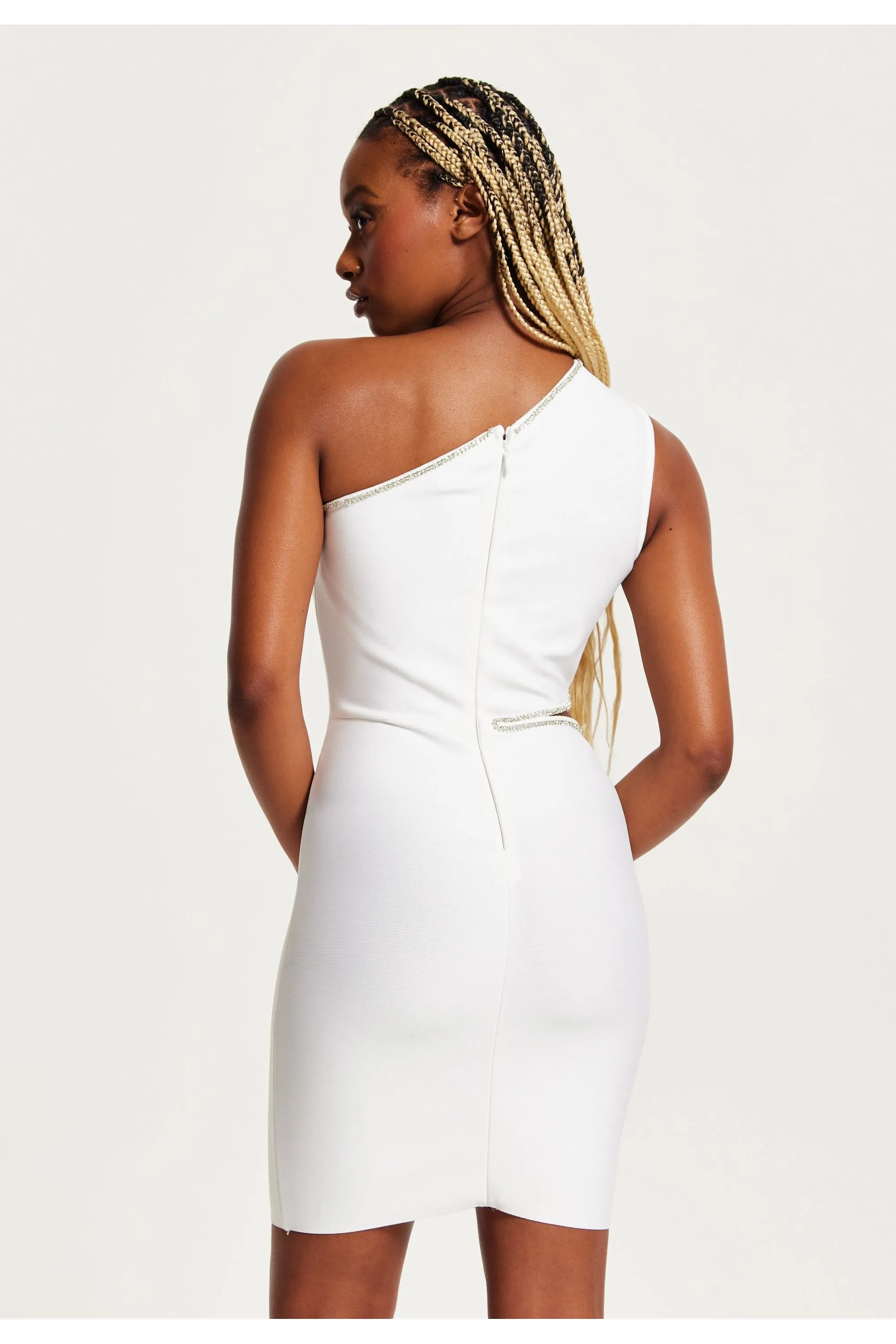 Cut Out Diamond Detail One Shoulder Mini Dress In White by Liquorish