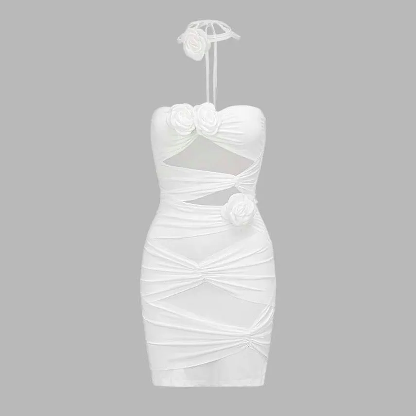 Cut Out Stereo Flower Tube Bodycon Dress In White