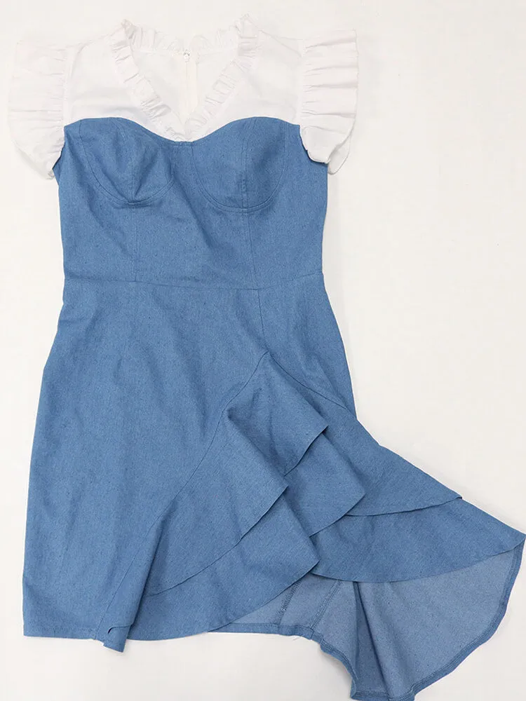 Denim Patchwork Flouncing Mini Dresses