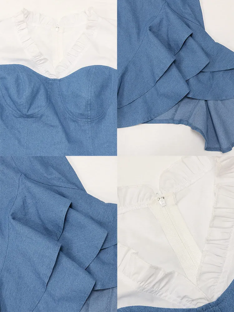 Denim Patchwork Flouncing Mini Dresses