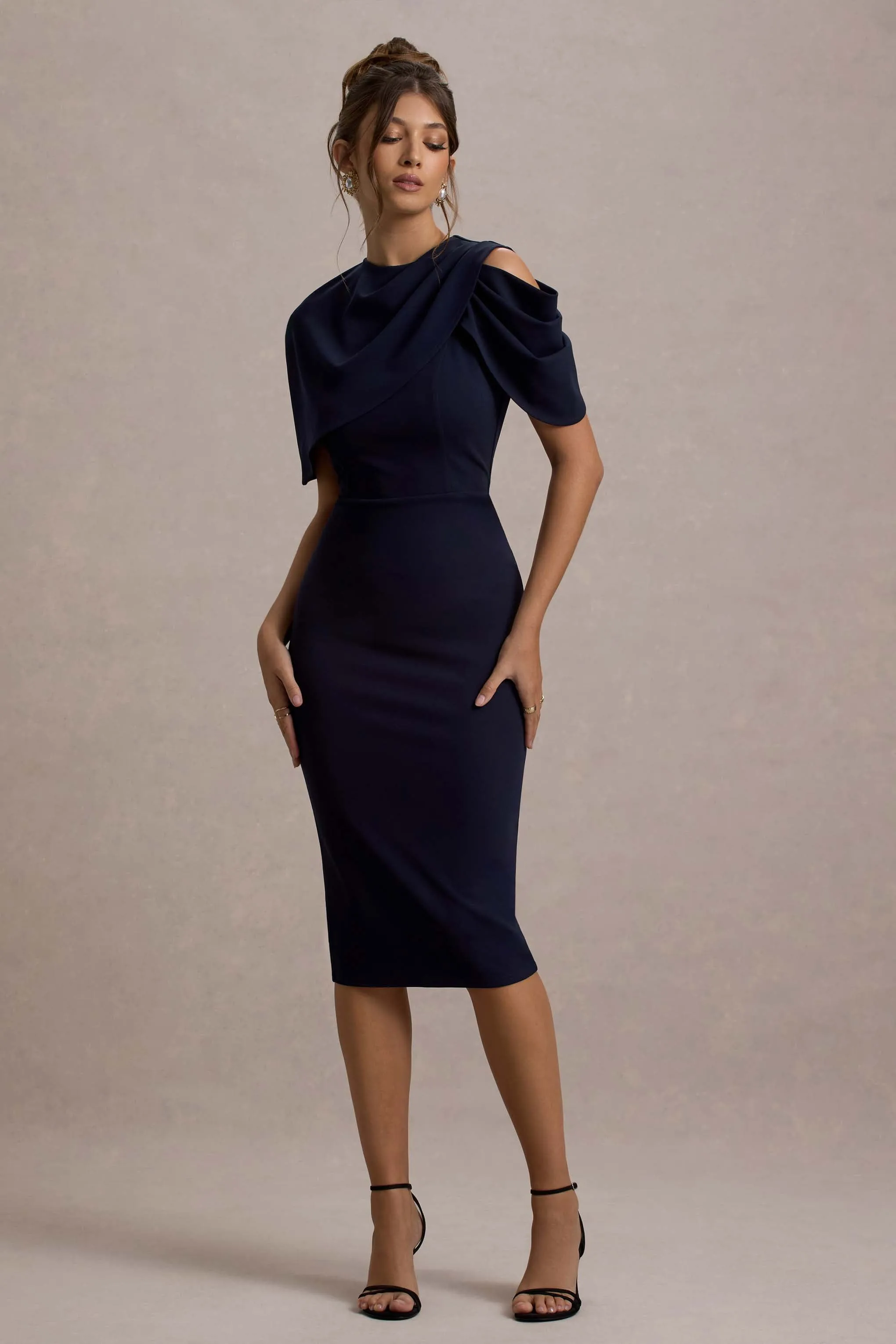 Dorothea | Navy Draped Midi Dress With Cape