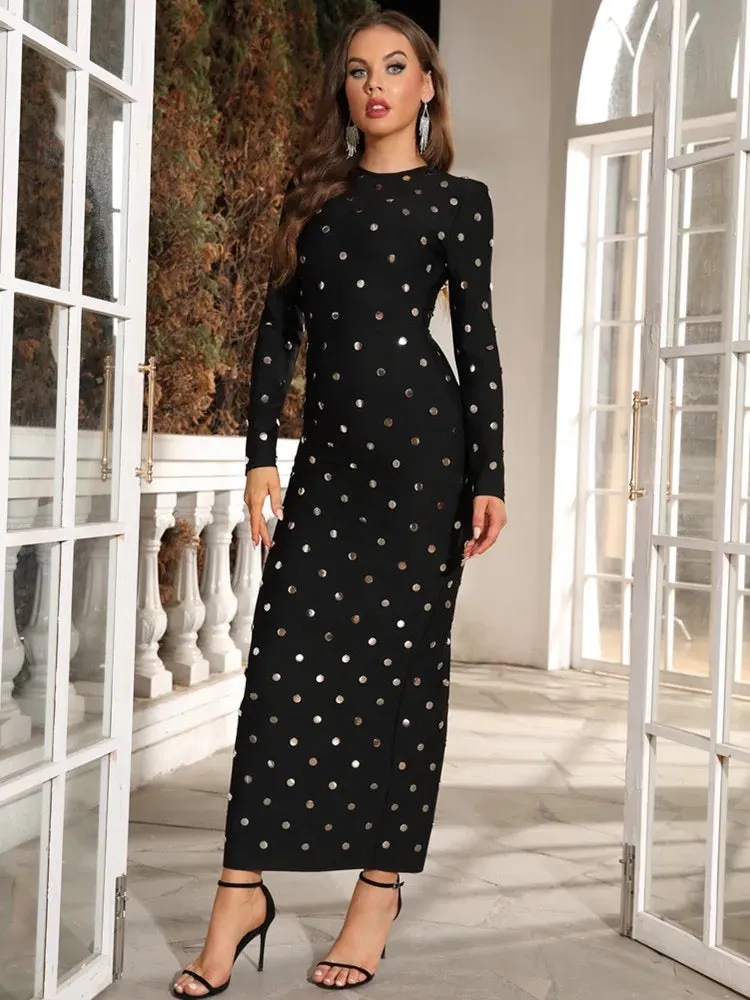 Dot Sequined Long-Sleeved Maxi Dress