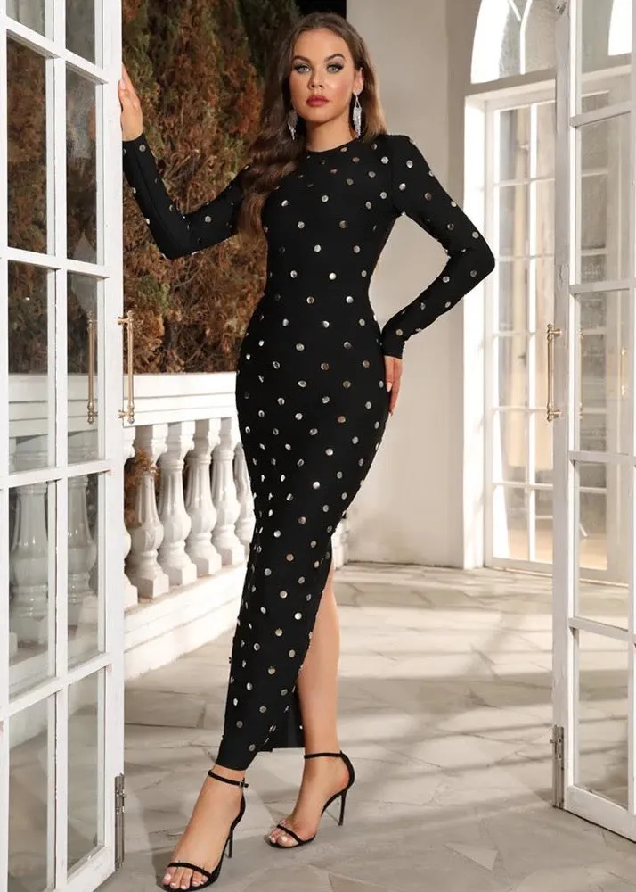 Dot Sequined Long-Sleeved Maxi Dress