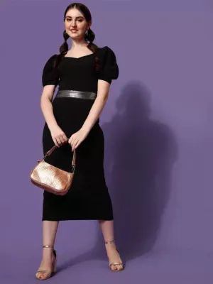 Elegant Black Solid Knitted Sheath Midi Dress