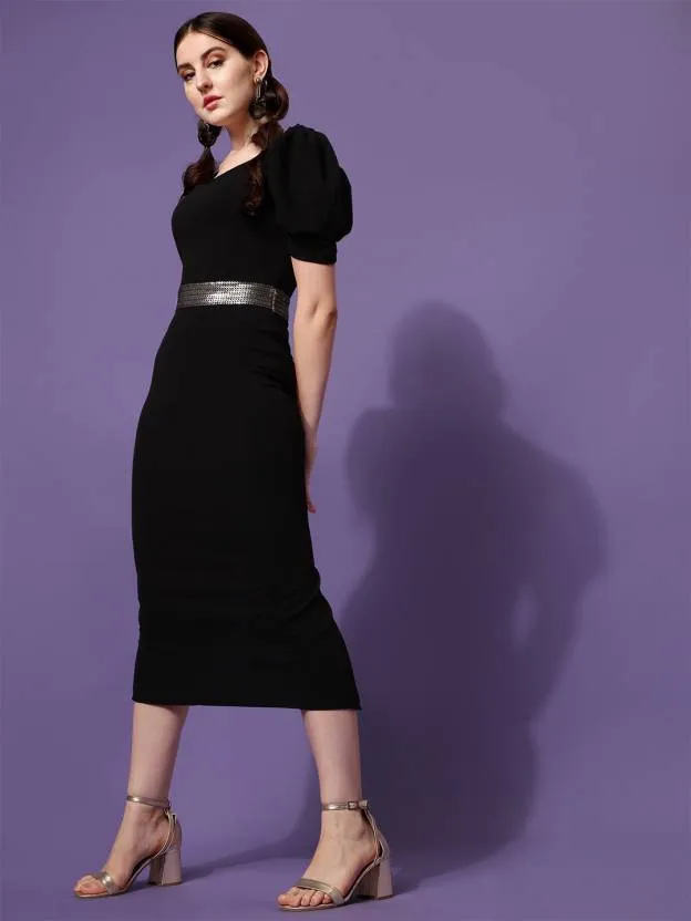Elegant Black Solid Knitted Sheath Midi Dress