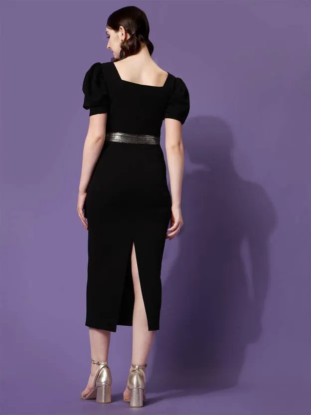 Elegant Black Solid Knitted Sheath Midi Dress