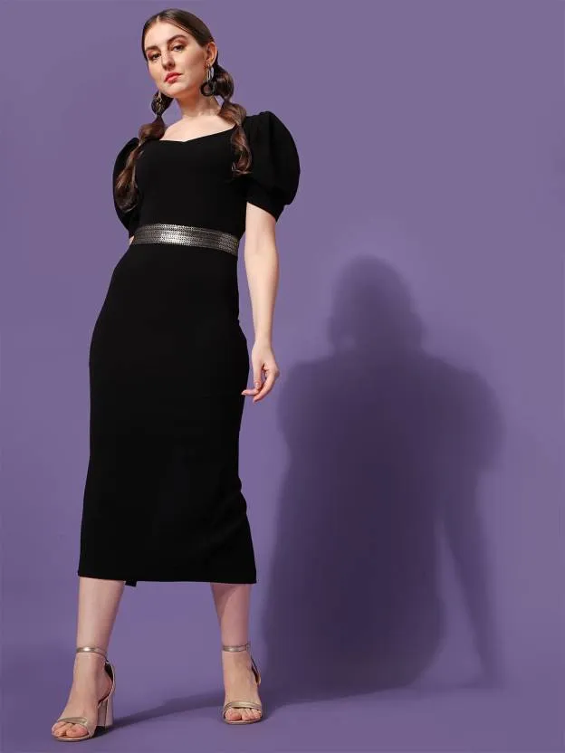 Elegant Black Solid Knitted Sheath Midi Dress