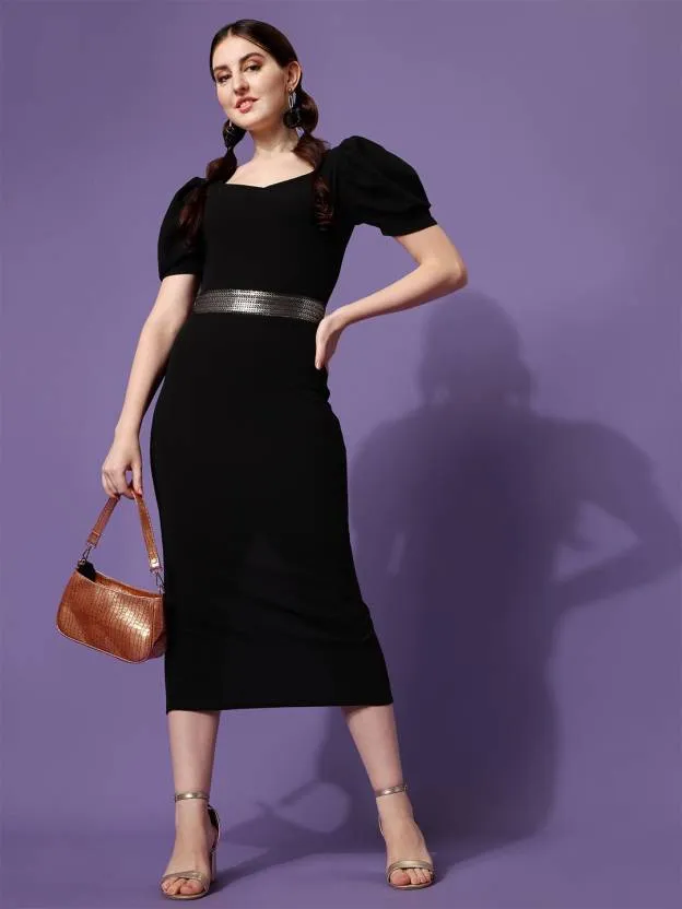 Elegant Black Solid Knitted Sheath Midi Dress