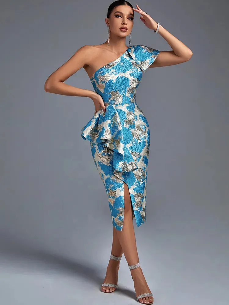 Elegant Blue One Shoulder Midi Bodycon Dress