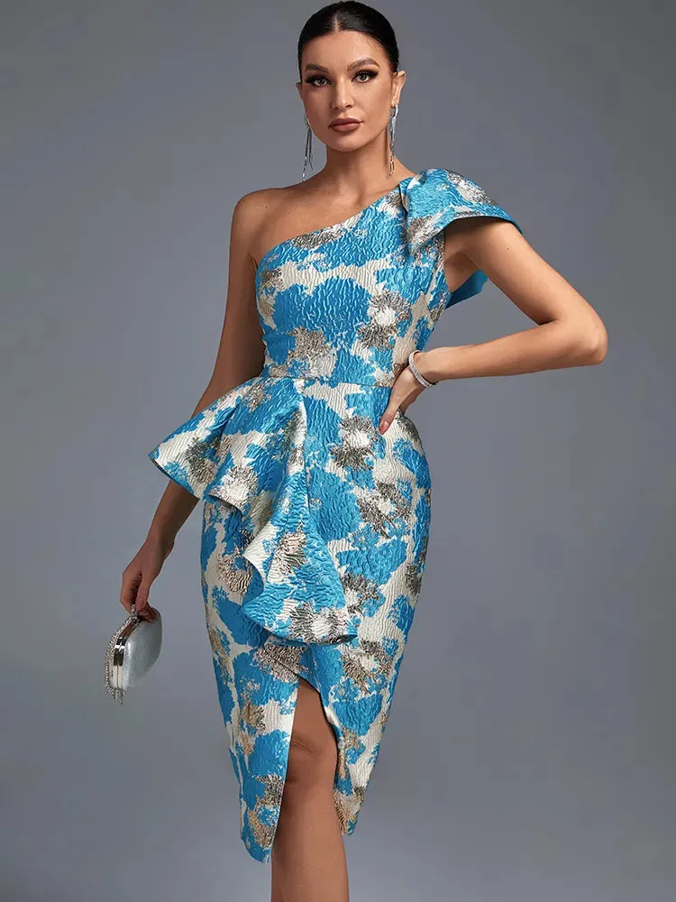 Elegant Blue One Shoulder Midi Bodycon Dress