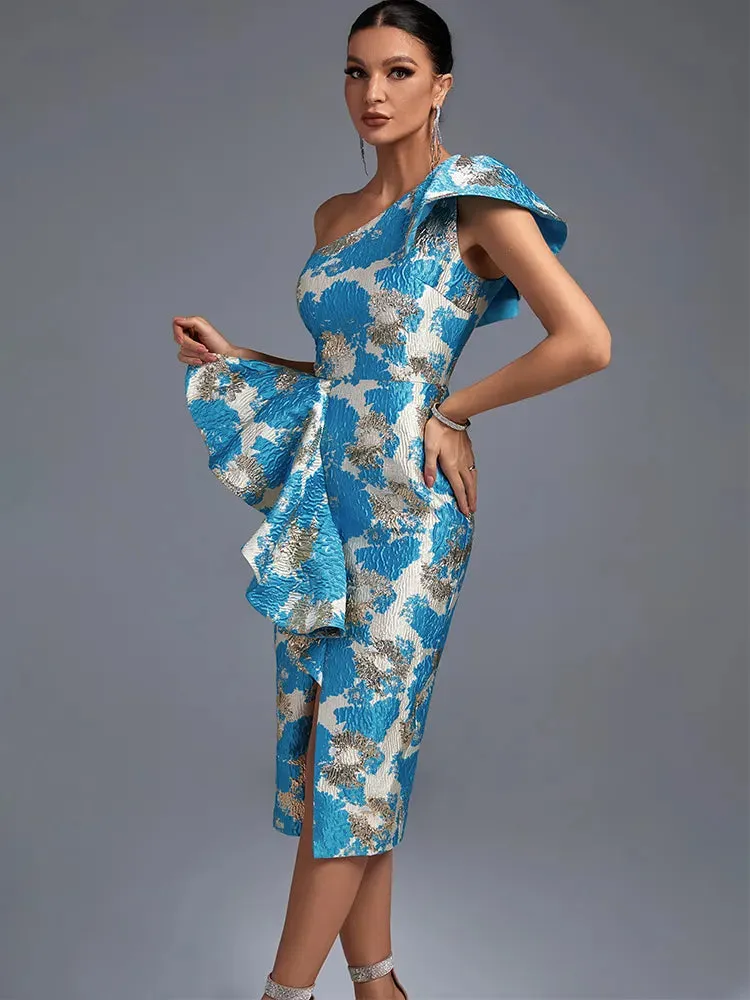 Elegant Blue One Shoulder Midi Bodycon Dress