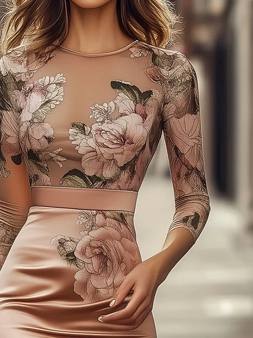 Elegant Patchwork Floral Printed Satin Bodycon Dress