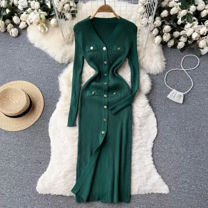 Elegant V-neck Long Sleeve Knitted Dress