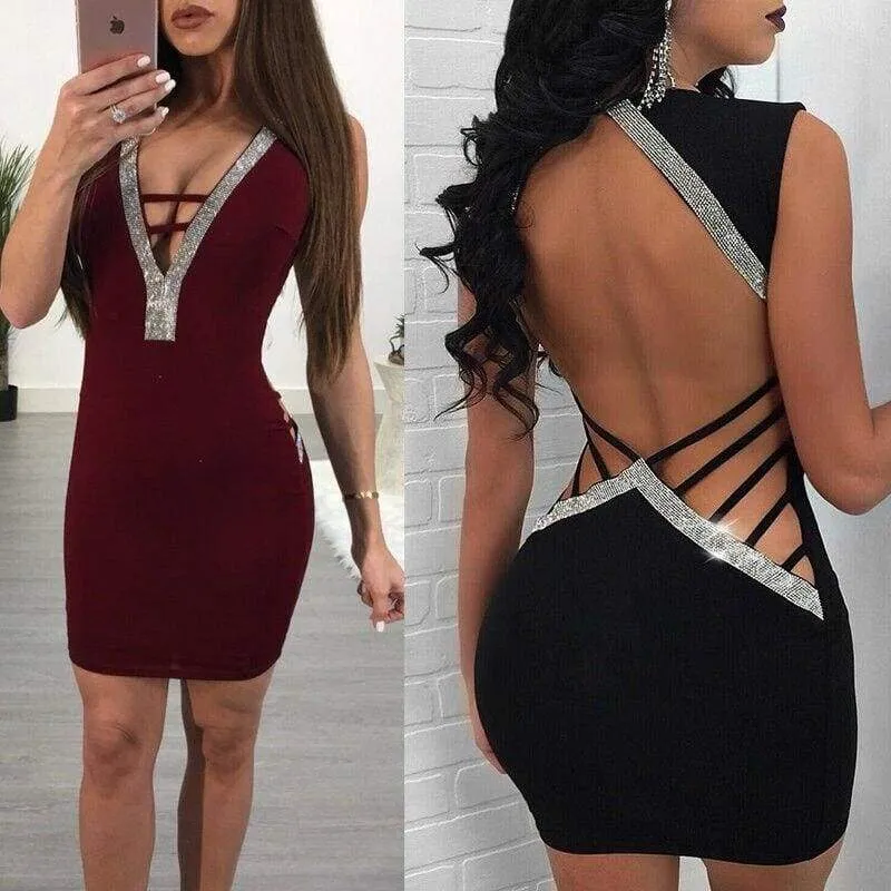 FashionSierra - Women Deep V- Neck Sequin Bandage Bodycon Dress Summer Sexy Ladies Backless Party Short Slim Fit Mini Dresses