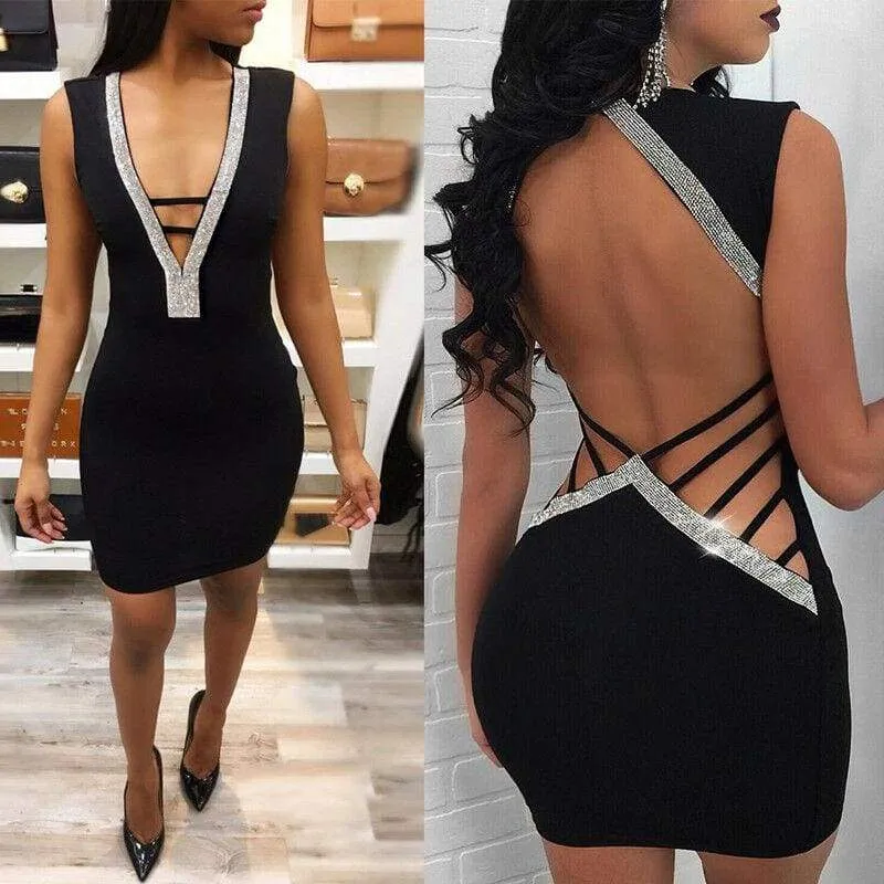FashionSierra - Women Deep V- Neck Sequin Bandage Bodycon Dress Summer Sexy Ladies Backless Party Short Slim Fit Mini Dresses
