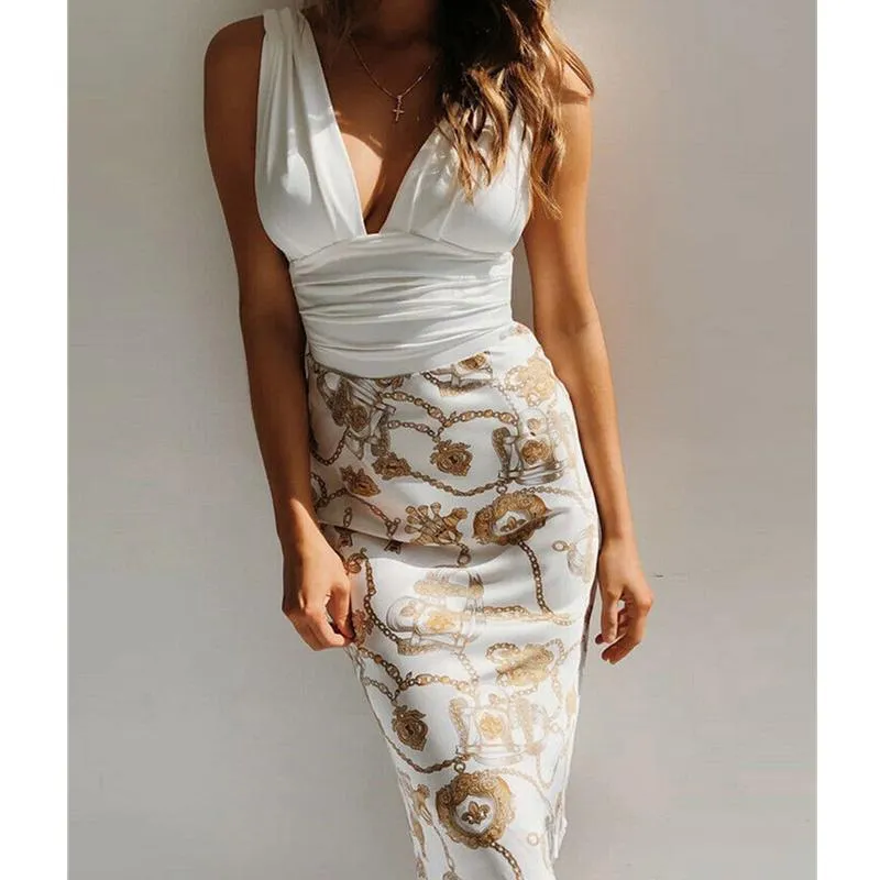FashionSierra - Women's Sexy Deep V Neck Ruched Floral Patch Midi Dress 2019 Fashion Ladies Sleeveless Bodycon Evening Party Pencil Dress