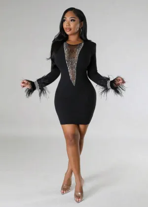 Feather Cuff Rhinestone Decor Bodycon Mini Dress