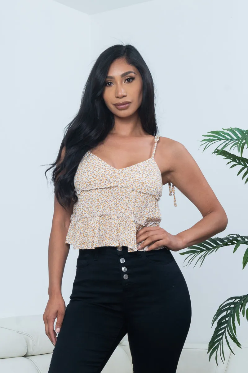 Floral Print Bowtie Spaghetti Strap V Neck Tiered Babydoll Tank (18368)