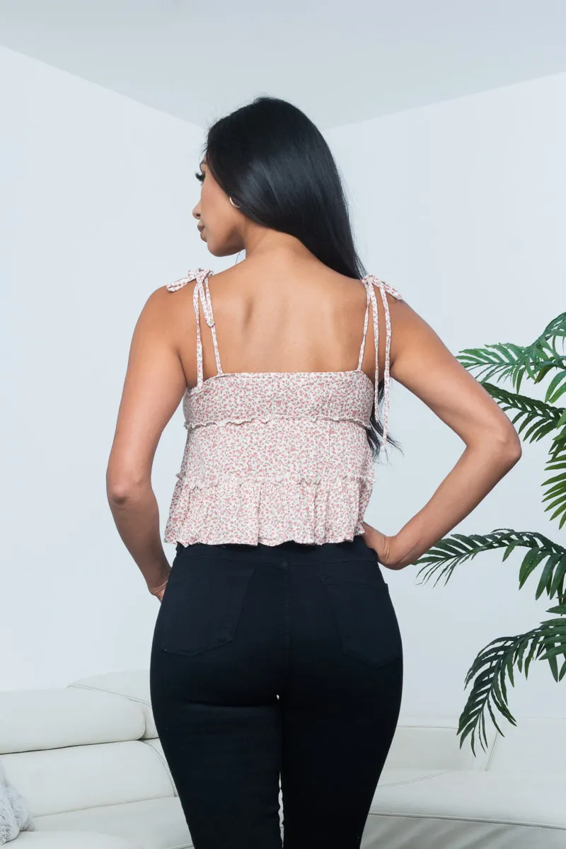 Floral Print Bowtie Spaghetti Strap V Neck Tiered Babydoll Tank (18368)