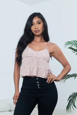 Floral Print Bowtie Spaghetti Strap V Neck Tiered Babydoll Tank (18368)