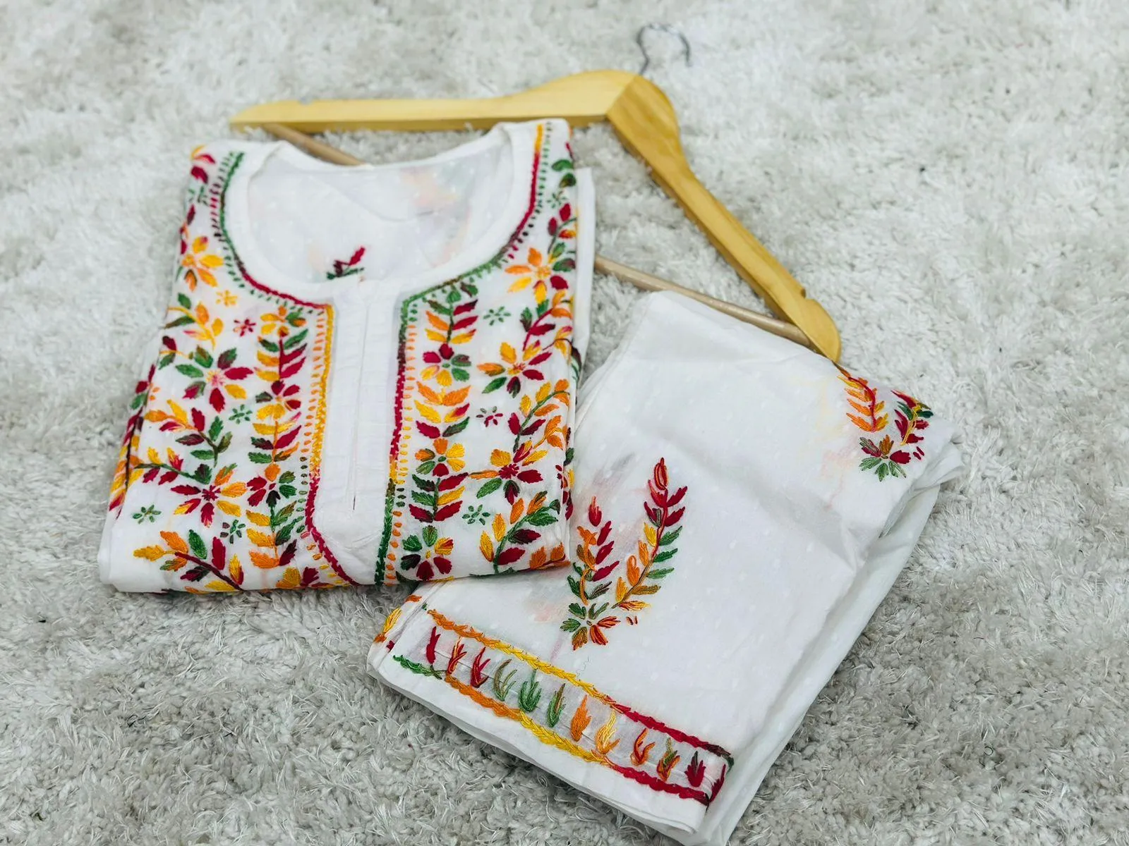 Fusion Elegance: Lucknowi Embroidered Dobby Cotton Kurta Set