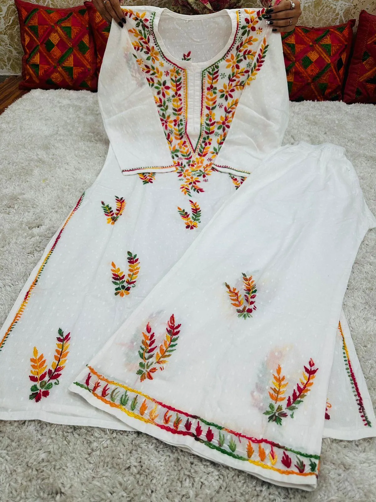 Fusion Elegance: Lucknowi Embroidered Dobby Cotton Kurta Set