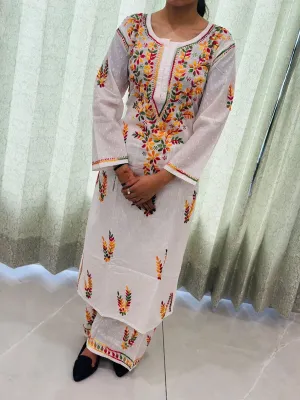 Fusion Elegance: Lucknowi Embroidered Dobby Cotton Kurta Set