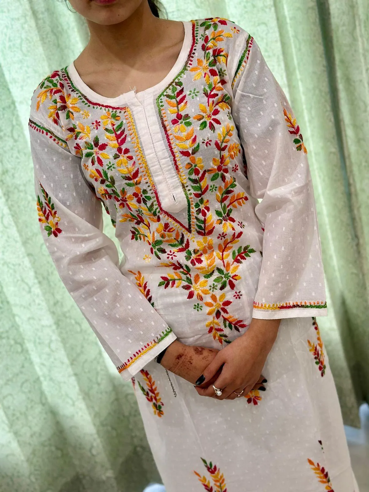 Fusion Elegance: Lucknowi Embroidered Dobby Cotton Kurta Set