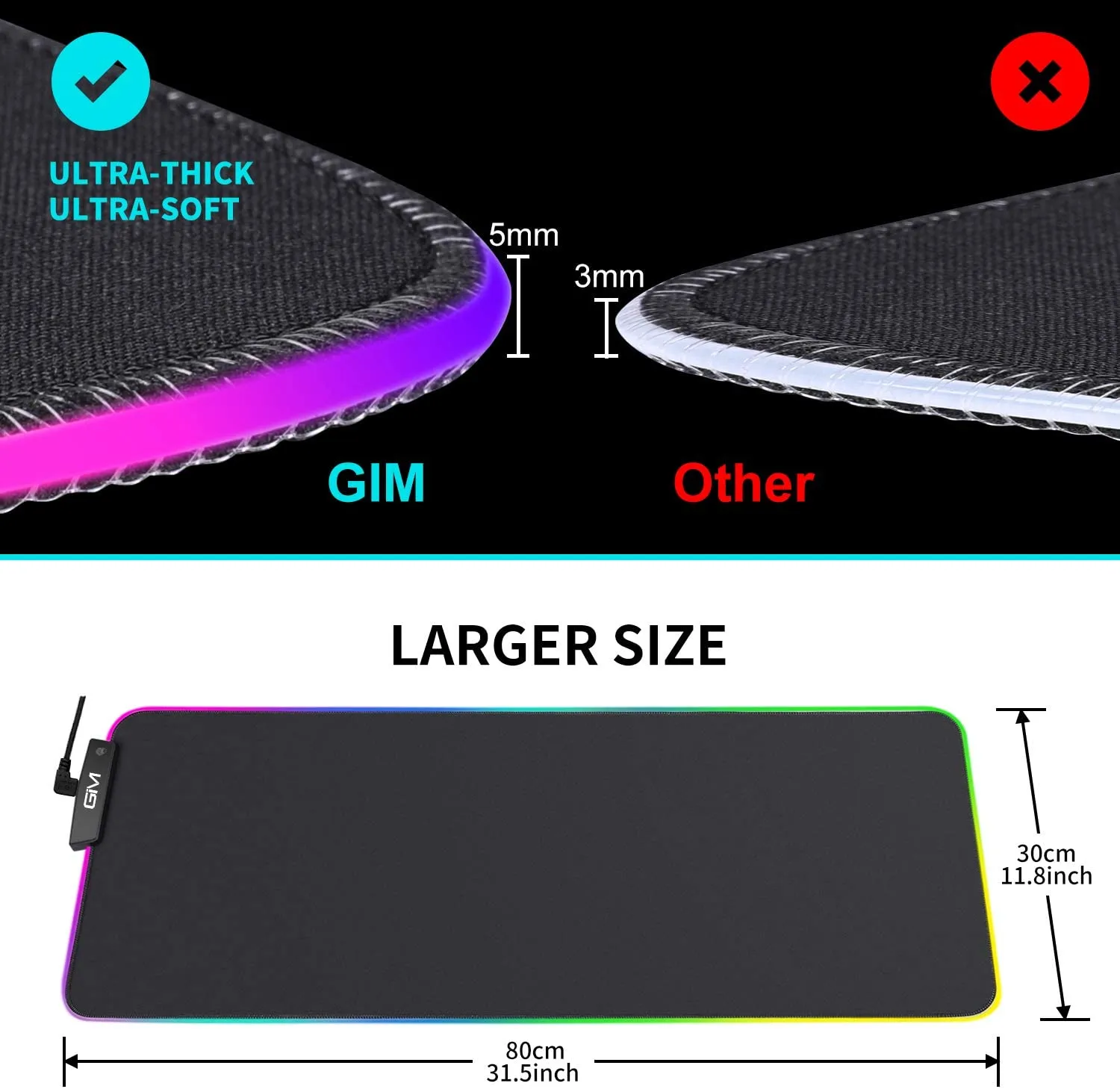 GIM RGB Gaming Mouse Pad Large, 31.5 x 12 x 0.2 Inch