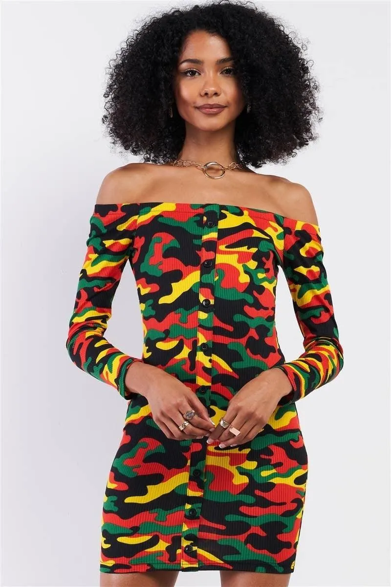 Green & Yellow Camo Ribbed Off-The-Shoulder Button Down Bodycon Mini Dress /2-2-2