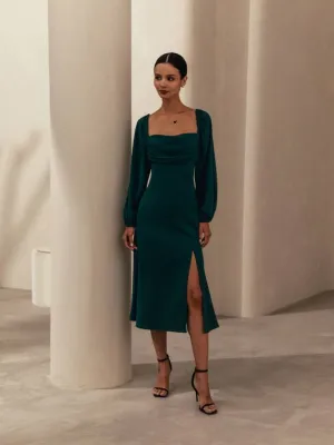 Green Square Neck Full Sleeve A-line Dress